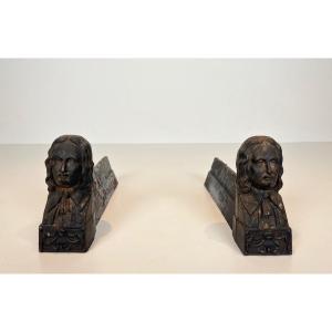 Pair Of Cast Iron Andirons Bearing The Image Of Beethoven. French Work. Around 1900