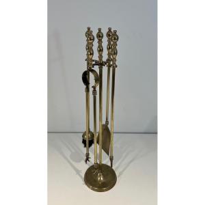 Neoclassical Style Brass Fireplace Tools On Stand. French Work. Circa 1970