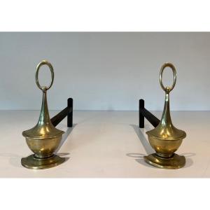 Pair Of Bronze Andirons In Neoclassical Style. English Work. Around 1960.