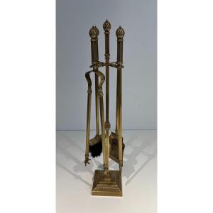 Fire Kit In Finely Chiseled Bronze And Brass. French Work In Neoclassical Style.