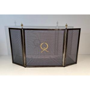 Neoclassical Style Firewall In Steel, Brass And Mesh With Crown Decoration