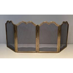 Neoclassical Style Firewall In Brass And 4-fold Mesh. French Work. Around 1970
