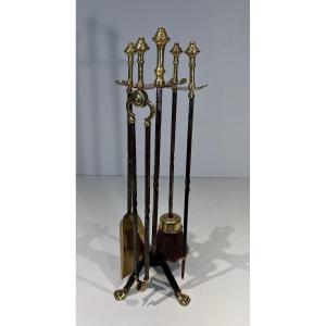 Brass And Brushed Steel Fire Kit With Claw Feet. French Work Assigned La Maison