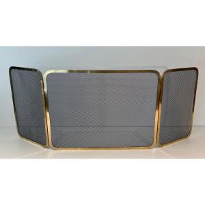 3-fold Firewall In Brass And Mesh. French Work. Around 1970