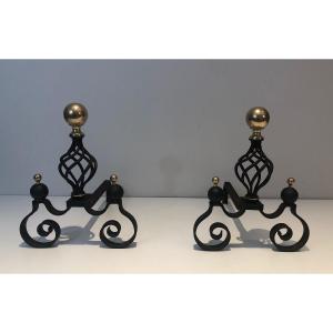 Pair Of Wrought Iron Andirons Topped With A Brass Ball. French Work. Around 1970