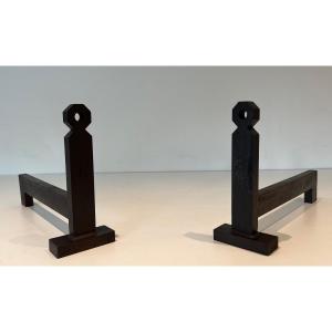 Pair Of Modernist Andirons In Steel And Wrought Iron. French Work. Around 1950