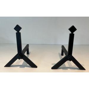 Pair Of Modernist Steel Andirons. French Work. Around 1950