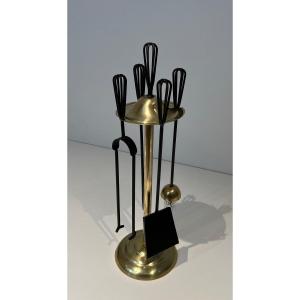 Design Fire Kit In Lacquered Metal And Brass. French Work. Around 1970