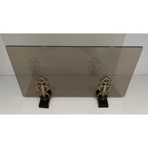 Smoked Glass Fireplace Screen With Modernist Bronze Elements. French Work In The Style Of Raymond Subes. Circa 1970