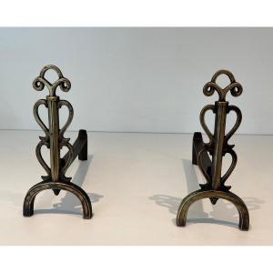 Pair Of Brass And Wrought Iron Andirons. French Work In The Style Of Raymond Subes. . Circa 1940