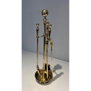 Neoclassical Style Brass Fireplace Tools On Stand. French Work. Circa 1970