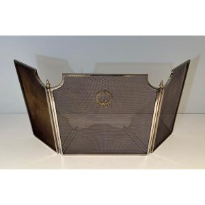 Neoclassical Style Steel, Brass And Grilling Fireplace Screen With 3 Panels Decorated With A Laurel Wreath In The Central Part. French Work. Circa 1940