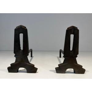 Pair Of Modernist Cast Iron And Wrought Iron Andirons. French Work. Circa 1940