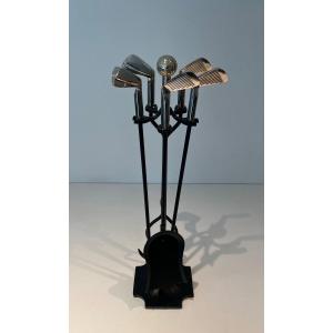 "golf" Model Fire Kit In Black Lacquered Metal And Chrome-plated Brass Made Up Of Elements On The Golf Theme Represented By Chrome-plated Brass