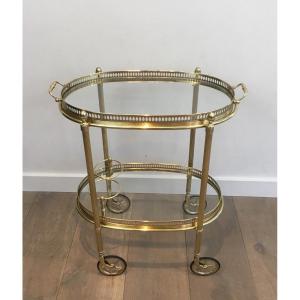 Small Oval Rolling Table In Neoclassical Style In Brass With Double Removable Circled Tops