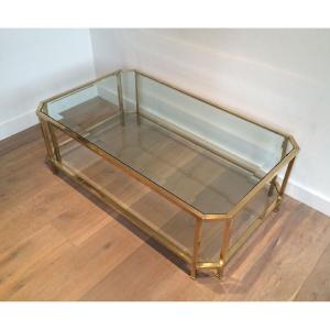 Octogonal Two Tiers Brass Coffee Table. Top Glass Shelf Is Beveled. French Work. Circa 1970