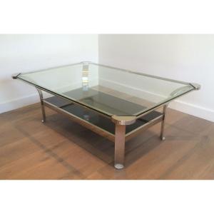 Large Design Chrome Coffee Table With Clear Glass Shelf On Top And Black Lacquered Glass Shelf On The Bottom. French Work. Circa 1970