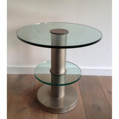 Modernist Brushed Steel And Glass Occasionable Table. Circa 1970