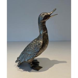Tall Silvered Bronze Duck Finely Chiseled. French Work. Circa 1970