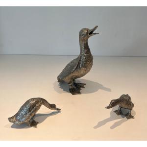 Set Of Three Silvered Bronze Ducks Finely Chiseled. French Work. Circa 1970 