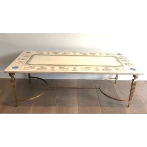 Neoclassical Style Coffee Table In Bronze And Brass With Marble Top Decorated With Greek Motifs