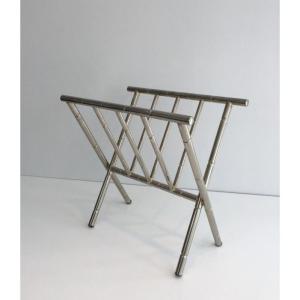 Faux-bamboo Nickel Magazine Rack. French Work In The Style Of Jacques Adnet. Circa 1970