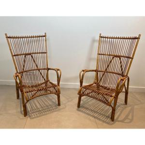 Pair Of Design Rattan Armchairs. French Work. Circa 1950