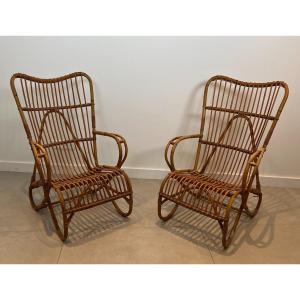 Pair Of Design Rattan Armchairs. French Work. Circa 1950