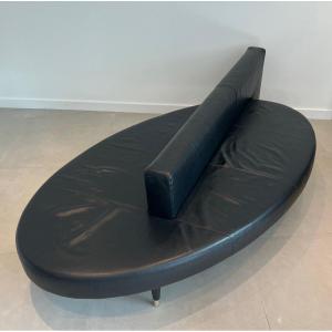 Rare Oval Design Black Leather Sofa With Chrome Legs. French Work. Circa 1970