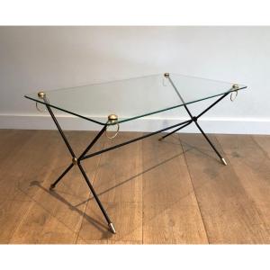 Vintage Lacquered Metal, Brass And Glass Coffee Table. French Work By Jacques Adnet. Circa 1950