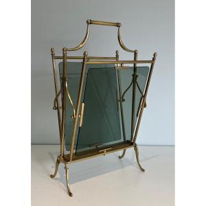 Neoclassical Style Brass And Blueish Glass Magazine Rack. French Work By Maison Jansen