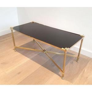 Rectangular Brass Coffee Table With Black Lacquered Glass Top. French Work By Maison Jansen.