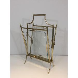 Neoclassical Style Brass And Clear Glass Magazine Rack. French Work By Maison Jansen.