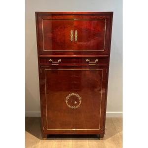 Empire Style Secretary Desk In Flamed Mahogany And Bronze Locks. This Is An Italian Work In The