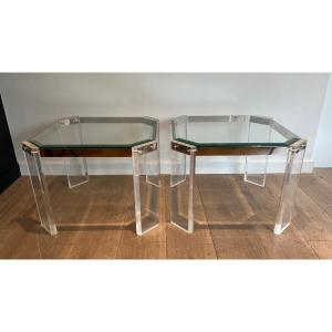 Pair Of Octogonal Lucite And Chrome Side Tables. French Work By Maison Jansen. Circa 1970