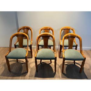 Set Of Six Walnut Gondola Chairs. French Work. Art Deco Period. Around 1930