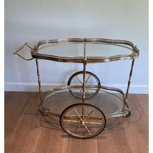 Neoclassical Style Oval Brass Drinks Trolley. This Bar Cart Has Two Glass Shelves.