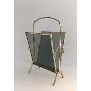 Faux Bamboo Style Magazine Rack In Bronze With Blue Glass Side Panels By Maison Baguès