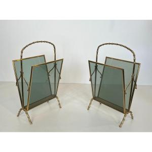 Pair Of Faux-bamboo Bronze Magazine Racks With Blueish Glass Panels On Each Side. French Work