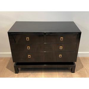 Black Lacquered Chest Of Drawers With Bronze Handles. French Work By Guy Lefèvre 