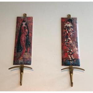 Pair Of Hooks Representing Characters From Comedia Del Arte. Italian Work 