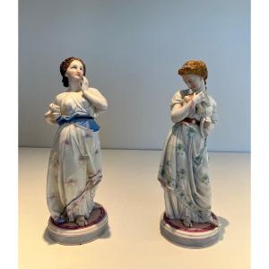 Pair Of Important Porcelain Figures Representing Two Women With Birds. French Work. Circa 1880