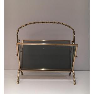Brass Faux-bamboo Magazine Rack With Tainted Glass Panels On Each Side By Maison Baguès