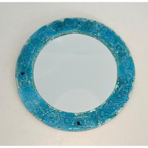 Blueish Glass Round Mirror. French Work. Circa 1970