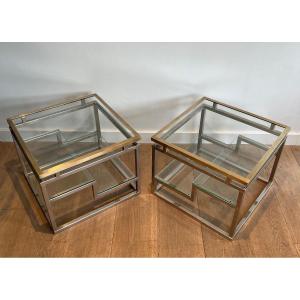 Pair Of Design Chrome, Brass And Glass Side Tables. French Work. Circa 1970