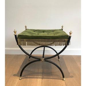 Neoclassical Style Stool In Black Lacquered Metal, Brass And Velvet