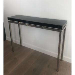 Chromed Console With Thick Black Lacquered Top. French Work. Circa 1970