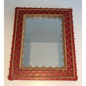 Rattan Mirror On Red Background. French Work. Circa 1940