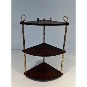 Corner Shelves Made Of Faux-bamboo Brass And Mahogany  In The Style Of Maison Baguès