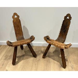 Pair Of Brutalist Tripode Low Chairs. French Work. Circa 1950